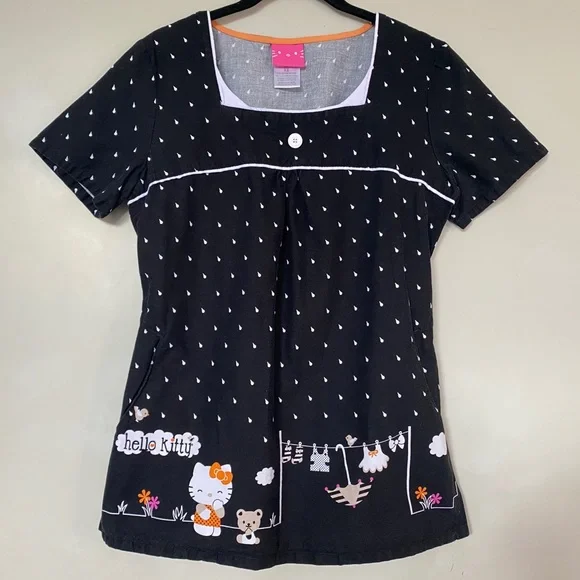 Sanrio Hello Kitty Women’s Black Polka Dot Pockets 100% Cotton Top Blouse XS - Picture 1 of 7